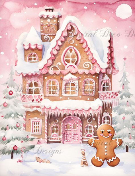 Pink Christmas Wonderland Gingerbread 3 (#H043)-Decoupage Paper Christmas Digital Drawing, Vintage Pink Christmas Images, Pink Christmas Painting, Rice Craft, Hellen Keller, Vintage Pink Christmas, Ginger House, Christmas Princess, Iphone Wallpaper Preppy