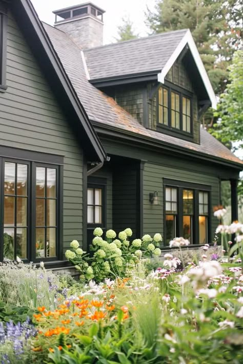 Behr Green House Exterior, Sage Green Exterior House Colors, Dark Green Exterior House Colors, Dark Green House Exterior, Green Home Exterior, Cabin Exterior Colors, Green Exterior Paints, Green Exterior House, Green Exterior House Colors