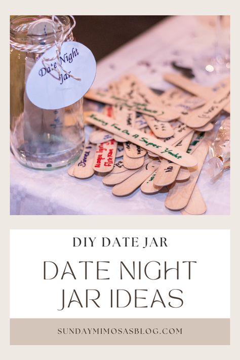 Looking for fun and creative date night ideas!? DIY your own date night jar and never run out of date night ideas with your significant other! Learn how to make  a date night jar with supplies you have at home. Sharing 25+ fun date night ideas that are inexpensive and boyfriend-approved. Date Night Suggestions Jar, Date Night Ideas Wedding Jar, Date Night Jar Ideas Diy Popsicle Sticks, Date Night Jar Bridal Shower Diy, Diy Date Night Box Ideas, Date Jar Ideas Couples, Date Night Jar Ideas Diy, Date Night Jar Ideas, Bridal Shower Date Night Jar