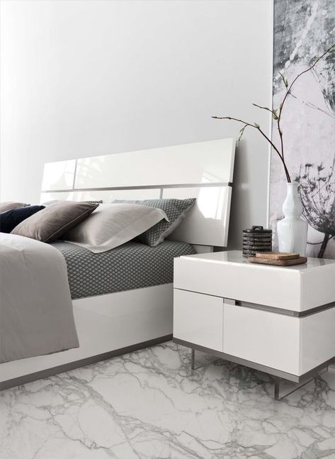 The ALF Artemide has been beautifully crafted with a white high gloss finish and features perfectly-complementing inserts of metal grooves and transparent legs. Sleeping Room Design, Italian Bedroom, Modern Bedroom Interior, Bedroom Bed Design, Bedroom Furniture Design, Living Room Sectional, King Bed, Modern Bed, Shop Chair