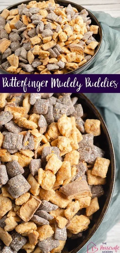 Butterfinger Muddy Buddies- peanut butter, chocolate, Butterfingers, Chex, and powdered sugar make this delightful, easy sweet treat. Butterfinger Puppy Chow Recipe, Butterfinger Puppy Chow, Muddy Bites, Tv Snacks, Chex Mix Recipes Sweet, Snack Mix Recipe, Treat Maker, Chocolate Chex, Muddy Buddies Recipe