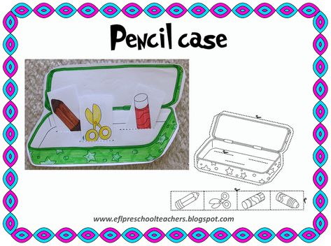 ESL School Theme pencil case craft School Theme For Preschool, School Flashcards, Pencil Case Crafts, Pencil Case Art, Theme For Preschool, School Objects, Preschool Units, Preschool Teachers, Flashcards For Kids