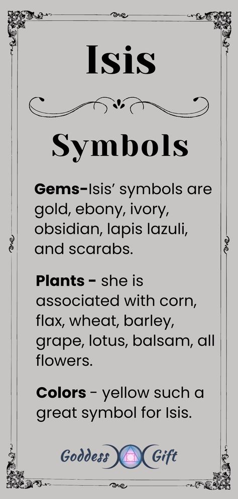 Exploring the rich symbolism of the ancient Egyptian goddess Isis, from lunar connections to sacred plants and mystical animals, her legacy endures through an array of potent symbols reflecting feminine strength and eternal love. Learn more - https://goddessgift.com/goddesses/isis . . #IsisGoddess #AncientEgypt #Symbolism #EgyptianMythology #GoddessIsis #FeminineStrength #EternalLove #SacredSymbols #MysticalAnimals #LunarConnections #Mythology #GoddessWorship #DivineFemininen #SpiritualJourney Egyptian Deities Gods And Goddesses, Sopdet Goddess, Anput Goddess, Kore Goddess, Witchy Recipes, Serpent Goddess, Deity Work, Goddess Worship, Goddess Of Egypt