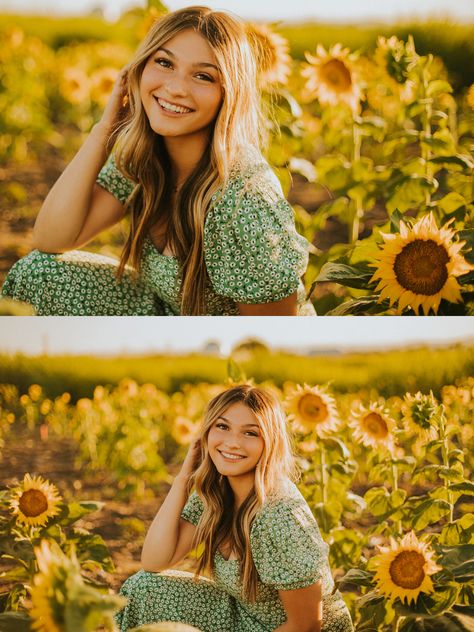 senior photos in a sunflower field / eastern wa photographer / sunny senior portraits Senior Picture In Sunflower Field, Sunflower Photoshoot Senior Pictures, Photography With Sunflowers, Portraits In Sunflower Field, Portraits In Flower Fields, Sunflower Inspo Pics, Senior Picture Poses In Sunflower Field, Senior Pictures Outfits Sunflower Field, Sunflower Pics Photography