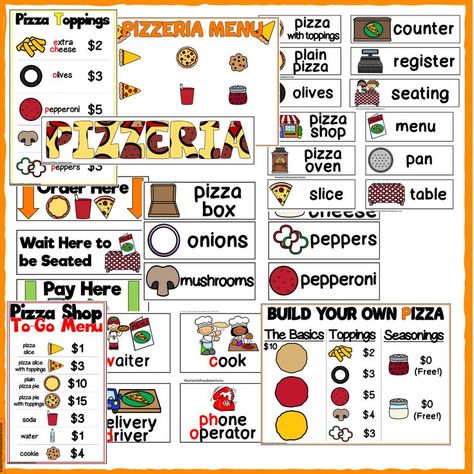 Pizza Shop, Pizzeria Dramatic Play Center Activities for 3K, Pre-K, Preschool, and Kindergarten! Transform an area of your classroom into a pizza parlor with these visuals, posters and activities. The activities included will help your students develop their cognitive, language, and social skills! Pizzeria Dramatic Play, Pizza Shop Dramatic Play, Play Pizza Shop, Pizzeria Menu, Letter Matching Activities, Pizza Parlor, Dramatic Play Center, Pizza Shop, Life Skills Classroom