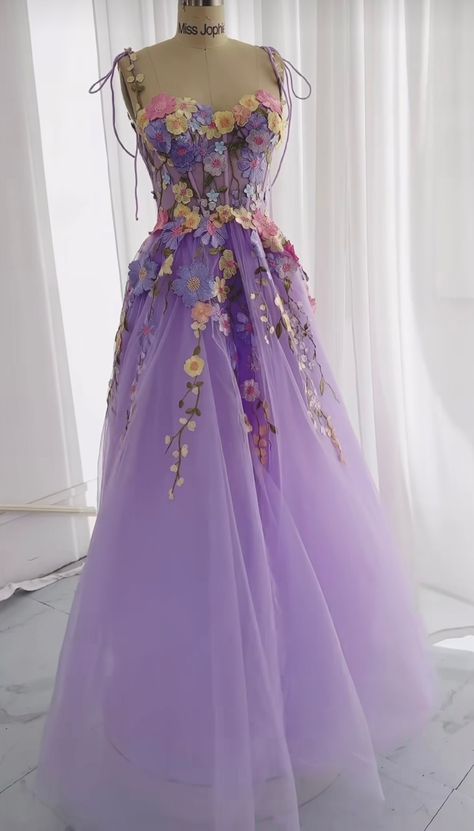 Purple Flowery Dress, Rapunzel Aesthetic Dress, Tangled Dress Inspired Outfits, Rapunzel Inspired Prom Dress, Tangled Inspired Dress, Purple Gown For Debut, Rapunzel Dress Inspired, Tangled Wedding Dress, Rapunzel Prom