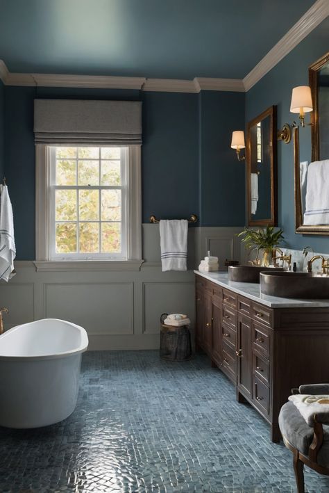 Welcome to a daily interior designer routine with a touch of sophistication! Explore "Buxton Blue (HC-149)" and add classic blue hues to your bathroom for an elegant escape. #Ad #homedecor #homedesign #bathroom #Painthome interiorarchitecture best Wall Colors for Bathroom Colors
Bright Room Colors
best colors combinations bathroom
bathroom Remodeling
Modern Paint Colors
2024 Traditional Bathroom Color Schemes, Bathroom With Blue Floor Tile, Medium Blue Bathroom, Muted Blue Bathroom, All Blue Bathroom, Blue Beadboard Bathroom, Blue And Wood Bathroom, Blue Themed Bathroom, Gray And Blue Bathroom