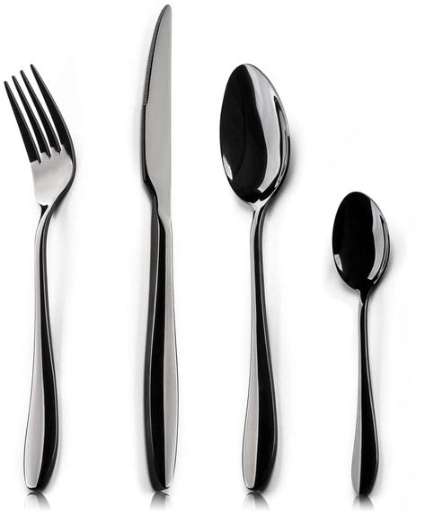 24 Piece Black Cutlery Set Flatware Sets, HaWare Stainless Steel Silverware with Knife Spoon Fork, Service for 6, Mirror Finish, Dishwasher Safe (Classical Black, 6 Sets) Hammered Flatware, Camping Cutlery, Black Cutlery, Black Flatware, Stainless Steel Silverware, Spoon Knife, Eating Utensils, Cutlery Sets, Stainless Steel Cutlery