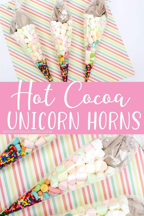 Hot Cocoa Birthday Party Ideas, Unicorn Party Treats, Hot Cocoa Gift Ideas, Unicorn Hot Chocolate Recipe, Unicorn Recipes, Easy Hot Cocoa, Hot Chocolate Favors, Unicorn Ideas, Xmas Goodies