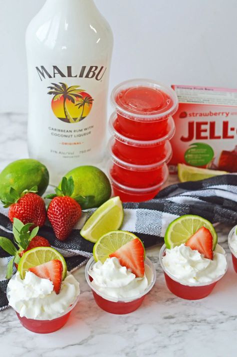 Strawberry Daiquiri Jello Shots - Planning Inspired Strawberry Malibu Jello Shots, Hello Shots With Malibu, Fiesta Jello Shots, Strawberry Jello Shots With Malibu Rum, 90s Theme Jello Shots, Pool Bbq Food, Shotcuterie Board, Booze Snacks, Jell-o Shots