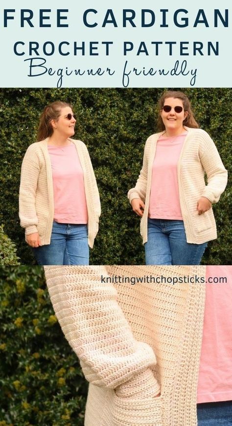 The Lucie cardigan is an easy crochet cardigan pattern for summer. Throw it over a pair of jeans or a cute dress, it's a staple item that will go with any outfit. Oh, and it has convenient ad-on (therefore optional) pockets to hold your phone and keys. Sized XS to 5XL. Find the free crochet pattern here. #crochetpattern #crochetcardigan #cardiganpattern #cardigancrochetpattern Crochet Cardigan Pattern Free Women, Crocheted Sweaters, Crochet Jackets, Cardigan Sweater Pattern, Crochet Cardigan Free, Cardigan Crochet Pattern, Crochet Jacket Pattern, Beau Crochet, Crochet Cardigan Pattern Free