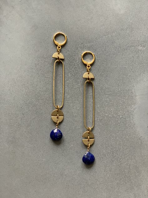 18k gold plated lever back earrings with black brass, tarnish resistant brass and lapis. 3.5” length. Brass Jewelry Design, Turquoise Stone Jewelry, Brass Jewellery, Forever Jewelry, Handmade Wire Jewelry, Funky Jewelry, Upcycled Jewelry, Brass Jewelry, Modern Earrings