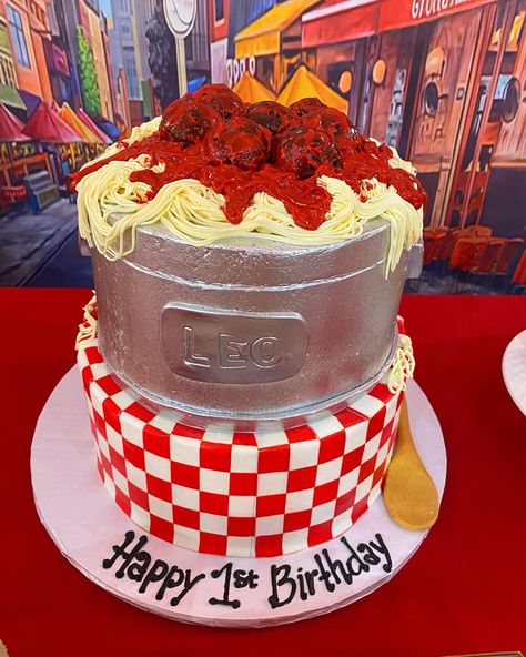 Italian Themed Birthday Cake, Pasta Themed Party 1st Birthdays, Pasta First Birthday Party, Meatball Themed Birthday Party, Italian Themed First Birthday Party, Meatball 1st Birthday, Italian Theme First Birthday Party, Spaghetti Birthday Party, Italian 1st Birthday Party