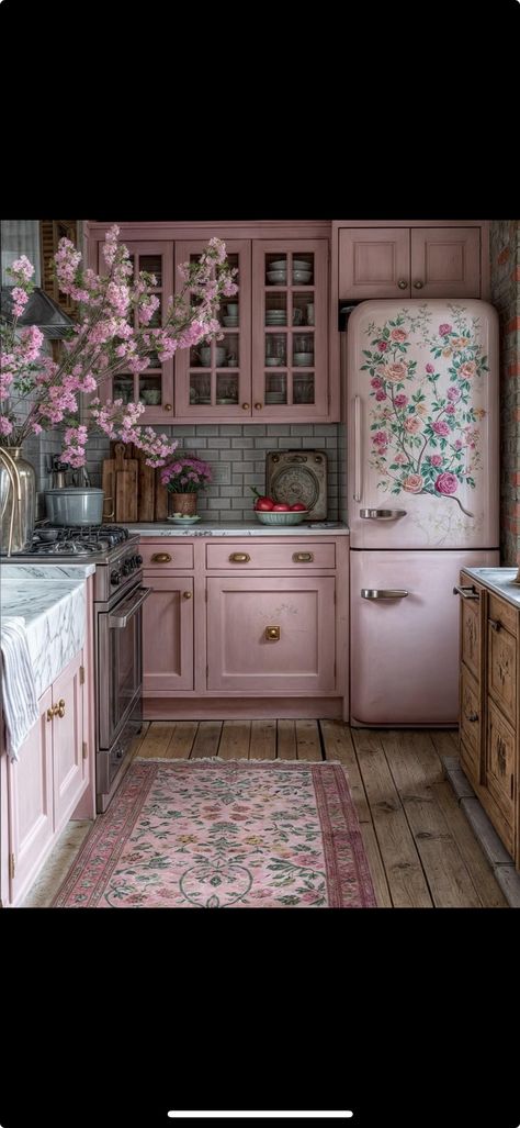 Maximalism House, Pink House Aesthetic, Pink Dining Room Decor, Victorian House Kitchen, Pink Cabin, Floral Fireplace, Pink Victorian House, Pink Dining Rooms, Pink Cottagecore