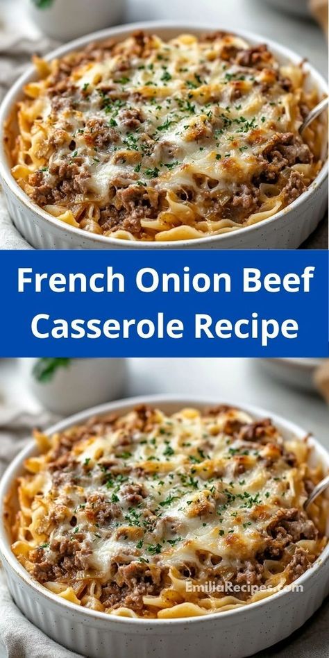 Craving something delicious and comforting? This easy French Onion Beef Casserole combines savory beef with the sweetness of caramelized onions, delivering a delightful twist on classic casserole recipes that everyone will enjoy. Onion Beef Casserole, French Onion Beef Casserole, French Onion Casserole, Ground Beef Noodles, French Onion Beef, Yummy Casserole Recipes, Beef Noodles, French Fried Onions, Tater Tot Casserole