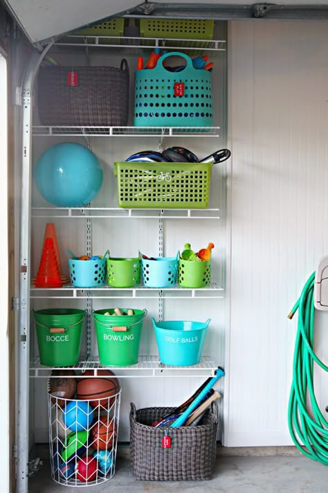 Garage Toy Organization Ideas, Garage Toy Organization, Garage Tool Organization Ideas, Toy Storage Garage, Small Garage Organization Ideas, Garage Shelving Ideas, Garage Shoe Storage, Outdoor Toy Storage, Organized Garage