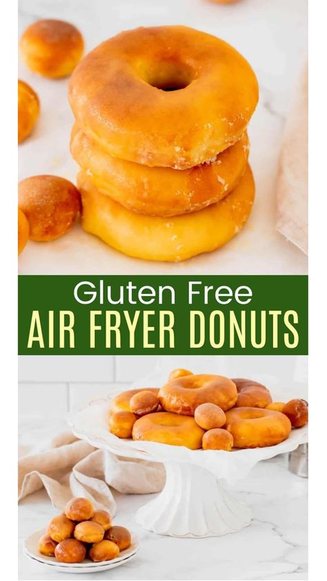 This easy recipe for Air Fryer Gluten Free Donuts makes the best homemade donuts in the world! They're fried without oil and perfectly glazed! Air Fryer Gf Donut Recipes, Gluten Free Donuts Baked Easy, Gluten Free Apple Fritters Air Fryer, Gluten Free Air Fryer Dessert, Gluten Free Air Fryer Bread, Gluten Free Air Fryer Donut Recipes, Gluten Free Donuts Air Fryer, Gluten Free Old Fashioned Donut Recipe, Gluten Free Dairy Free Air Fryer Recipes