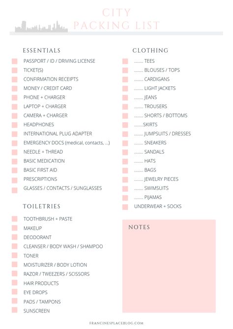 free printable city travel packing list Travel Planner Printable Free Packing Lists, Free Printable Packing List For Vacation, Editable Packing List Template Free, Packing List Bullet Journal, Travel Packing List Printable, Printable Checks, Printable Packing List, Winter Packing List, Pads Tampons