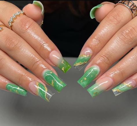 Lime Green And Gold Nails, Green Marble Nails, Hawaii Nails, Gold Nail Designs, Graduation Nails, Long Acrylic, Marble And Gold, Marble Nails, Yellow Nails