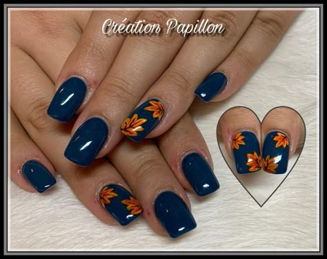 Blue Nails With Pumpkins, First Day Of Fall Nails, Rust Nails Acrylic, Burnt Orange And Navy Nails, Blue And Orange Fall Nails, Navy Fall Nails, Navy And Orange Nails, Orange And Teal Nails, Blue And Orange Nails Designs