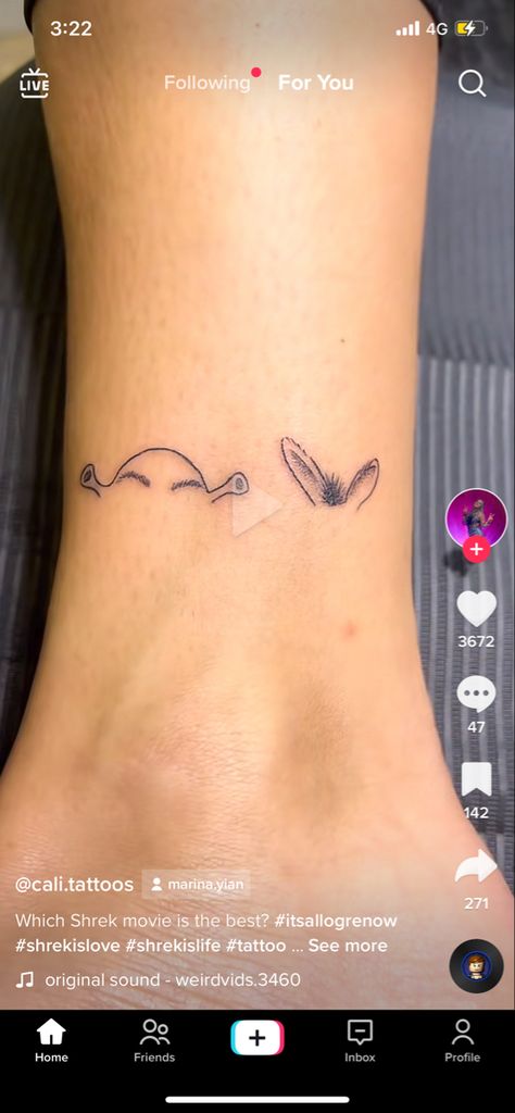 Shrek And Fiona Tattoo Ideas, Donkey From Shrek Tattoo, Simple Shrek Tattoo, Small Tattoos Scorpio Zodiac, Shrek Tattoo Minimalist, Shrek Tattoo Ideas Couple, Cute Shrek Tattoo Ideas, Small Shrek Tattoo, Shrek Inspired Tattoo