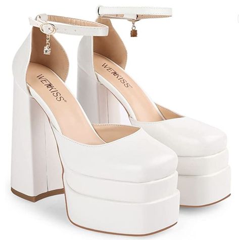 White Chunky Heels, Platform Chunky Heels, White Platform Heels, Chunky Platform Heels, Versace Heels, White Cowgirl Boots, Black Cowgirl Boots, White Block Heels, Heels Chunky