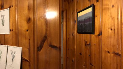 Knotty pine paneling that has turned orange Painted Knotty Pine Walls, Knotty Pine Walls Color Schemes, Wood Paneled Room, Knotty Pine Living Room, Stained Knotty Pine, Knotty Pine Rooms, Knotty Pine Ceiling, Knotty Pine Cabinets, Paneled Room