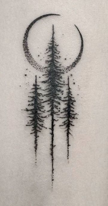 Tree Tattoo For Son, Simplistic Tattoos Forearm, Tattoo Along Side Of Arm, Twilight Tree Tattoo, Black Spruce Tree Tattoo, Mystical Nature Tattoo, Pine Tree Moon Tattoo, Pine Tree Tattoo Women, Forest Aesthetic Tattoo