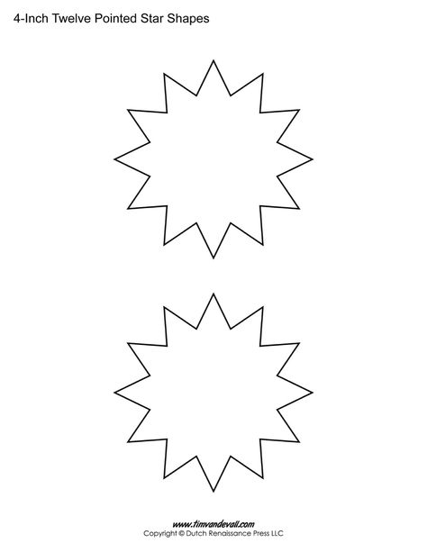 Download a PDF sheet of twelve pointed star shapes for your artwork or scrapbook project. These printable 12 sided star templates are free to print. Christmas Star Template, Fantasy Police, 12 Pointed Star, Star Template Printable, Scrapbook Project, Star Outline, Star Template, Shape Templates, Sunday School Crafts