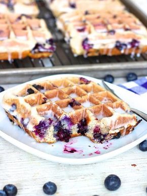 Blueberry Cake Waffles | Crispy waffles that are bursting with juicy blueberries and coated in a sweet sugar glaze just like a good ol’ blueberry cake donut! Cake Waffles, Blueberry Cake Donuts, Waffle Iron Recipes, Blueberry Waffles, Waffle Maker Recipes, Crispy Waffle, Waffle Cake, Blueberry Cake, Blueberry Recipes