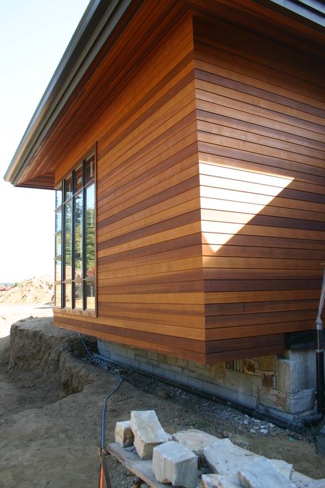 Cedar siding - for the bump, I like these colors Clear vertical grain cedar siding Modern Siding, Western Red Cedar Cladding, Wood Siding Exterior, Cedar Cladding, Vertical Siding, Cedar Siding, Wood Cladding, Timber Cladding, House Siding