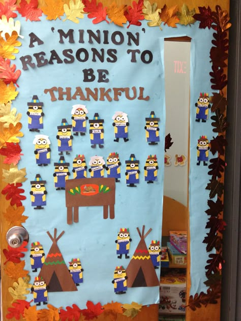 Mrs. B's thankful minions door Thanksgiving Door Ideas, Thanksgiving Door Decorations Classroom, Thanksgiving Bulletin Board Ideas, Thanksgiving Classroom Door, November Bulletin Board, Minion Classroom, Thanksgiving Door Decorations, Thanksgiving Bulletin Board, Classroom Door Decorating