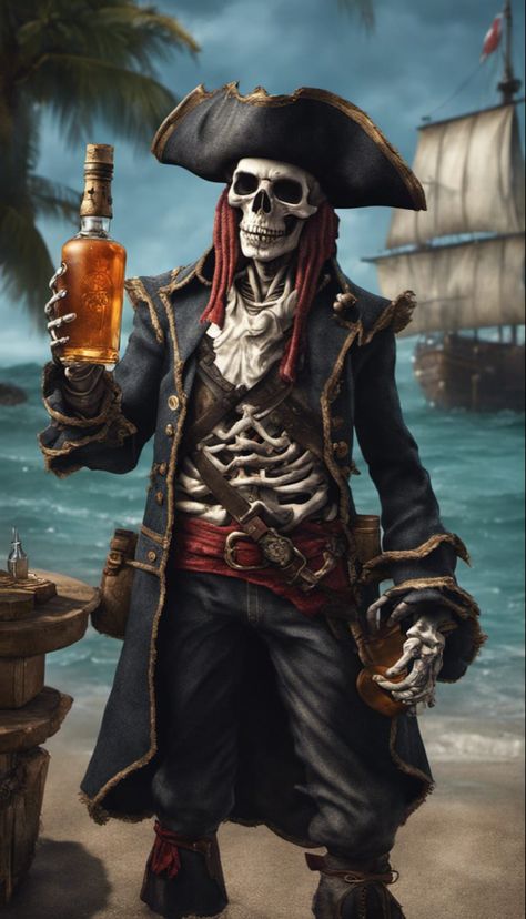 A skeleton pirate holding a bottle of rum on the beach Rum Bottle Tattoo, Holding Bottle Reference, Skeleton Pirate Aesthetic, Zombie Pirate Art, Pirate Skeleton Drawing, Pirate Background, Pirate Wallpaper, Pirate Artwork, Undead Pirate Art