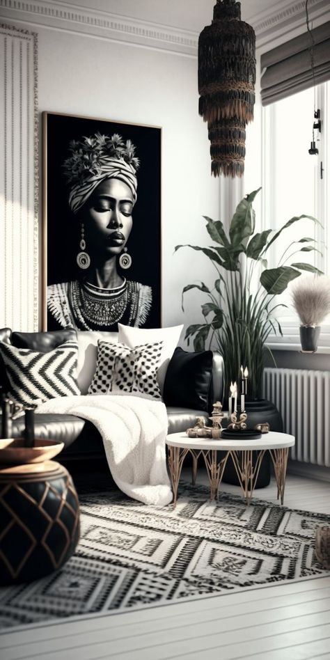 Black And White Boho Living Room, White Boho Decor, White Boho Living Room, African Decor Living Room, African Living Rooms, Modern African Decor, African Room, African Interiors, Afro Bohemian