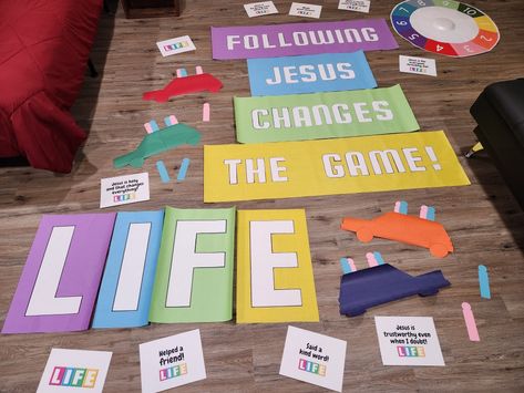 Life Board Game Decorations, Life Game Decorations, Vbs Twists And Turns Games, The Game Of Life Decorations, Game Of Life Hallway Decorations, Twist And Turns Vbs 2023 Craft Room Decorations, Life Way Vbs 2023, Game Themed Classroom, Vbs Themes Ideas 2023