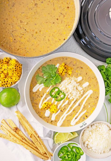 Elote Soup — The Yummy Vegan Elote Soup, Vegan Elote, Mexican Style Street Corn, Blueberry Banana Bread, Split Pea Soup Recipe, Vegan Parmesan Cheese, Vegan Sour Cream, Cream Of Celery Soup, Celery Soup