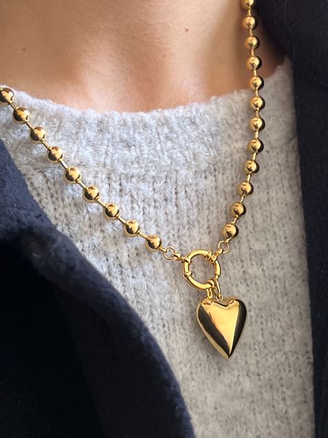 Bold heart necklace, gold heart charm, puff heart pendant, ball chain with puffed heart, chunky heart choker, bold jewelry. Pendant Ball, Heart Necklace Gold, Heart Choker, Bold Jewelry, Puffed Heart, Gold Heart, Ball Chain, Heart Of Gold, Necklace Gold