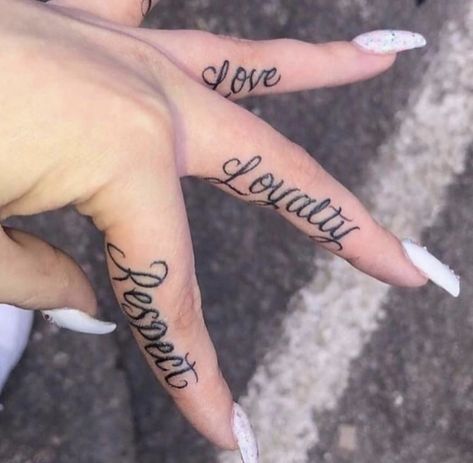 Side Hand Tattoos For Women Words, Respect Tattoo, Small Dope Tattoos, Loyalty Tattoo, Hand Ideas, Small Finger Tattoos, Finger Tattoo For Women, Hand Tattoos For Girls, Money Tattoo