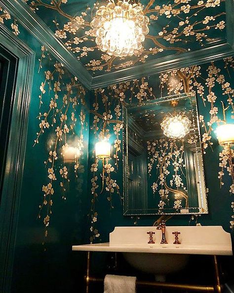 Blue Gold Bathroom, Bathroom Flowers, Powder Room Design, Emerald Blue, Gold Bathroom, Jewel Box, Dream House Decor, Beautiful Bathrooms, Dream Home Design