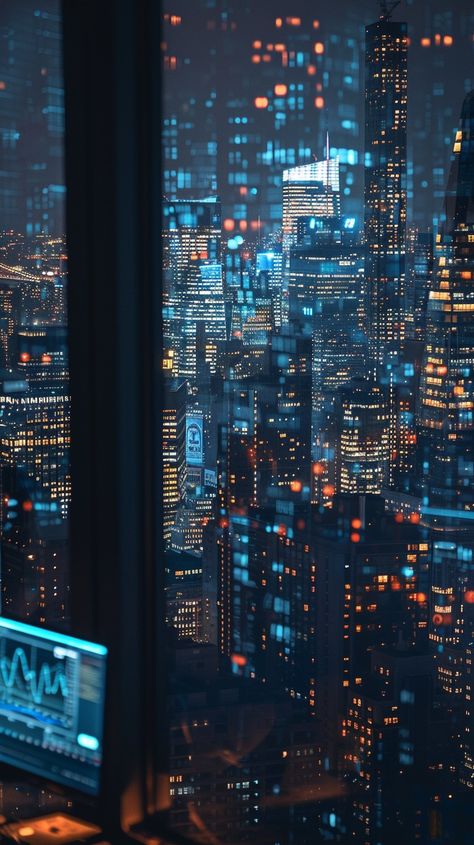 Urban Night Lights: A breathtaking view of a bustling city at night, seen from behind a window pane. #city #night #skyscrapers #lights #urban #skyline #windows #high-rise #aiart #aiphoto #stockcake https://ayr.app/l/paZs Night Skyscrapers, Night Seen, City Rain, Some Things Never Change, City At Night, Floor Wallpaper, Bustling City, Building Roof, City Night