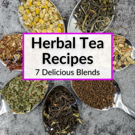 Homemade Tea Recipes Herbs, Making Herbal Tea Blends, Herbal Tea Diy Recipes, Herbal Tea Combinations, Dry Tea Mixes, Home Made Tea Blends, Tea Blends Recipes Herbal, Tulsi Tea Blend, How To Make Herbal Tea Blends