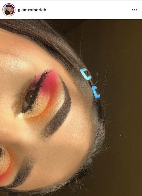 Pink Orange Yellow Eye Makeup, Pink Orange Blue Eye Makeup, Pink Orange Makeup Look, Pink Orange Eyeshadow Looks, Pink Orange Eye Makeup, Yellow Pink Makeup, Orange And Pink Makeup Looks, Pink And Orange Eye Makeup, Pink And Yellow Makeup Looks