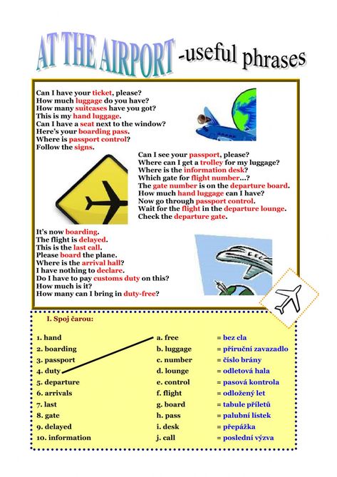 At The Airport Conversation, Airport Phrases, English Conversation Worksheets, English Reading Skills, English Conversation For Kids, English Conversation Learning, Travel Phrases, Travel English, English Teaching Resources