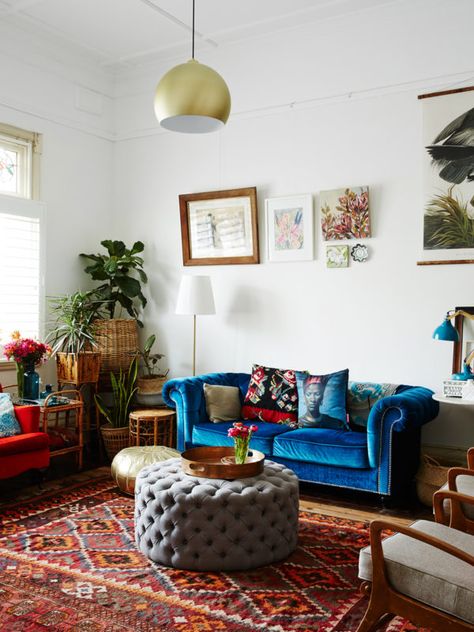 Peter and Paula Mills and Family — The Design Files | Australia's most popular design blog. Bohemian Style Living Room, Velvet Sofa Living Room, Bohemian Style Living, Lounge Rooms, Linen Ottoman, Blue Couch, Blue Velvet Sofa, North Melbourne, Blue Couches