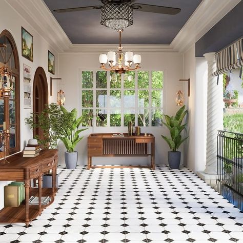 Merola Tile Merzoni Yard Marquina 17-7/8" x 17-7/8" Porcelain Floor and Wall Tile - Bed Bath & Beyond - 41070699 Square Tile Entryway, Decorative Kitchen Floor Tile, Kitchen Tile Floor Checkered, Kitchen Flooring Black And White, Checkerboard Marble Tile, Black And White Tile Front Porch, Patio With Tile Floor, French Cafe Flooring, Black And White Porch Tiles