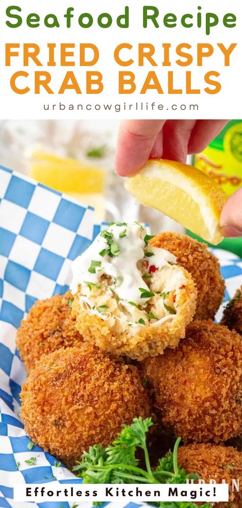 Deep Fried Shrimp Balls, Southern Crab Beignets, Crab Balls Recipe Fried, Deep Fried Crab Balls, Deep Fried Crab Cakes, Crab Cake Poppers Recipe, Crab Patties Recipes, Fried Seafood Platter Ideas, Fried Crab Cakes Recipes