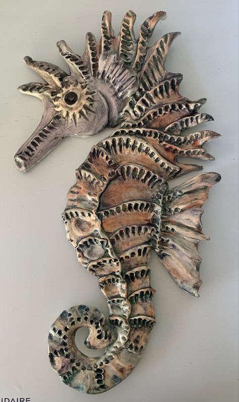 20” x 11” handbuilt Pottery Ideas Handbuilt Animals, Pottery Animals Handbuilt, Art Sculpture Clay, Ceramic Seahorse, Seahorse Sculpture, Clay Fish, Seahorse Art, Ceramics Pottery Vase, Ceramic Frogs