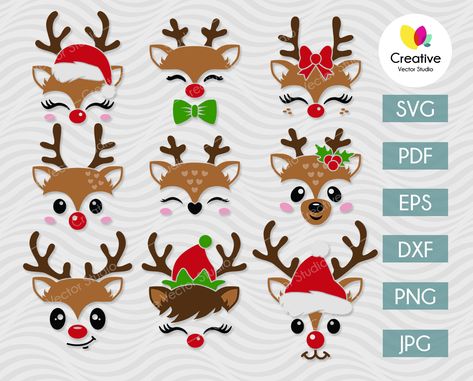 Rudolph Svg, Reindeer Face Svg, Reindeer Clipart, Santa Hat Svg, Xmas Baking, Deer Svg, Reindeer Svg, Reindeer Face, Snowman Faces