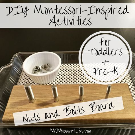 DIY Montessori-Inspired Activities for Toddlers and Preschoolers — Nuts and Bolts Board – MOMtessori Life Preschool Homeschool Room, Preschool Free Printables, Diy Montessori Toys, Family Day Care, Montessori Toddler Activities, Activities Preschool, Activities For Toddlers, Toddlers And Preschoolers, Montessori Toddler