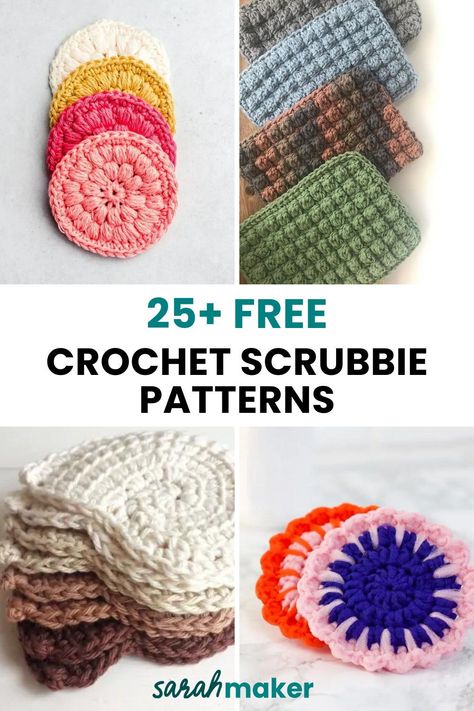 Crochet scrubbies are so fun and quick to make, AND they pack a punch when it comes to creating a more eco-friendly kitchen or bathroom. Check out this list of free crochet scrubbie patterns, and find your next crochet project. Knit Scrubbies Free Pattern, Crochet Scrubbies Free Pattern Easy, Knitting Scrubbies Free Pattern, Crochet Face Scrubbies Pattern Free, Diy Crochet Face Scrubbies, Scrubby Yarn Patterns, Scrubby Yarn Crochet Patterns, Scrubby Yarn Crochet, Crochet Scrubby